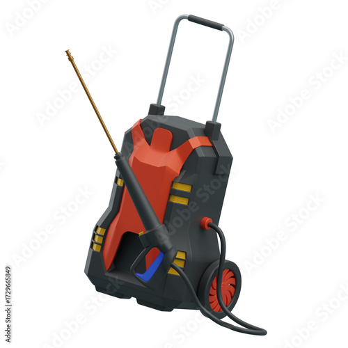 Isolated Red And Black Power Washer With Telescopic Handle And Wheels Against Transparent Background Cleanliness Maintenance Equipment
