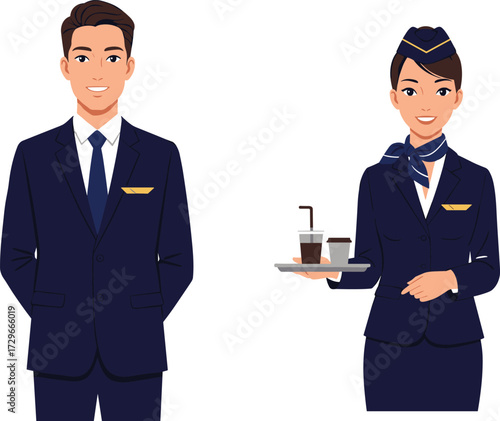 Airline staff, flight attendants, cabin crew, uniform, aviation, service, in-flight, pilot, stewardess, hospitality, tray, beverage, professional, tidy appearance, teamwork, travel