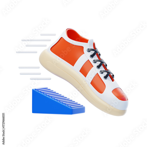 Orange and White Running Shoe Near a Blue Starting Block on Transparent Background