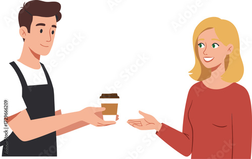 Barista, coffee, customer, smiling, interaction, cartoon style, apron, red shirt, service, cafe, beverage, friendly, illustration, handoff, casual moment, white background