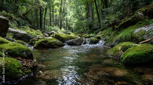 A serene forest stream surrounded by moss-covered rocks and lush greenery, capturing nature's tranquility.