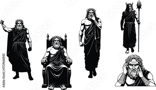 Ancient Greek god illustrations with throne, trident, powerful poses, mythology deities, warrior figures, Zeus Poseidon Hades artwork isolated vector