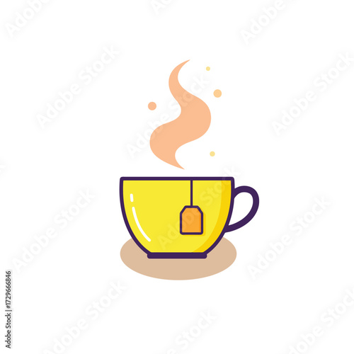 Yellow teacup with tea bag and steam rising up hot beverage.