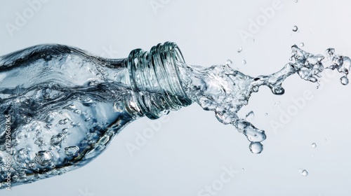 A splash of water spills from a clear bottle, capturing the essence of freshness and hydration.