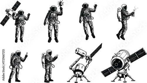 Astronauts in space suits with satellites, astronauts working, space exploration science, cosmic research, futuristic technology, outer space illustration vector