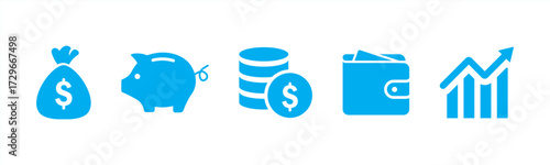 Finance vector icons. Business Icons, money signs. Money silhouette collection. Wallet with cards icon. Coins silhouette icon. Growth chart. Moneybag or stash. Piggy bank flat style 