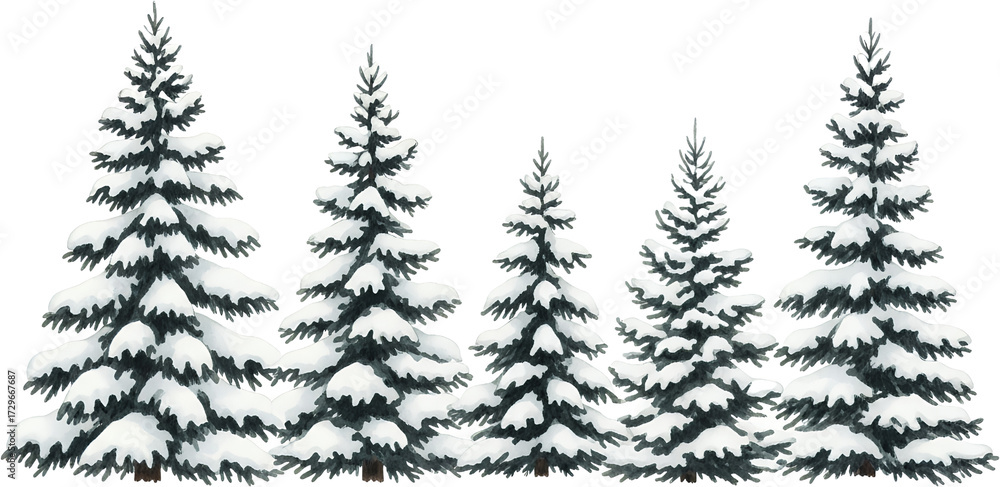 Obraz premium A line of evergreen pine trees heavily laden with fresh white snow showcasing winter's beauty against a dark background Snowfall Cold Nature Forest Landscape