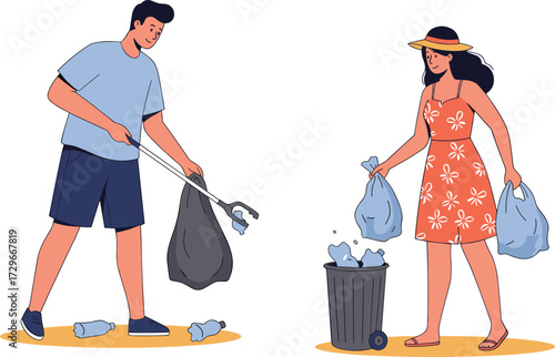 Community cleanup, trash collection, litter pick-up, waste disposal, environmental care, teamwork, garbage bag