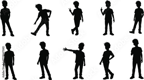 Boy silhouette collection, child standing pose vector, young kid black outline, children fashion template, stylish youth shadow illustration design concept