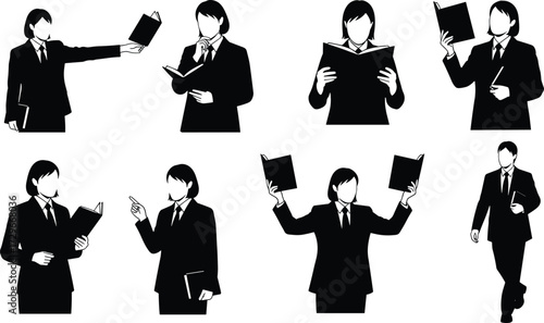 Businessman and businesswoman silhouette holding books, corporate professional vector illustration, office worker reading documents, teacher trainer lecture presentation concept