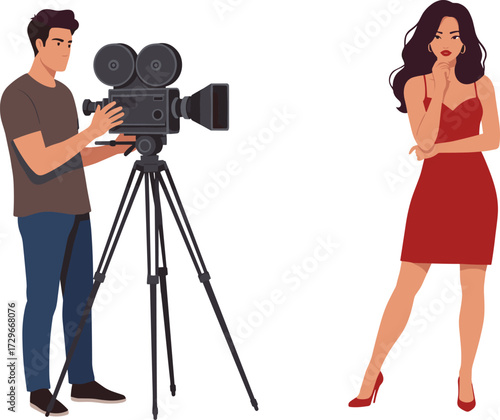 Filming, camera, operator, model, pose, video, shoot, production, media, fashion, illustration, icon, vector, tripod, scene, white background