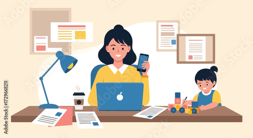 Adobe illustrator artwork vector illustration. A multitasking mother works from home on her laptop while her child plays, highlighting remote work-life balance