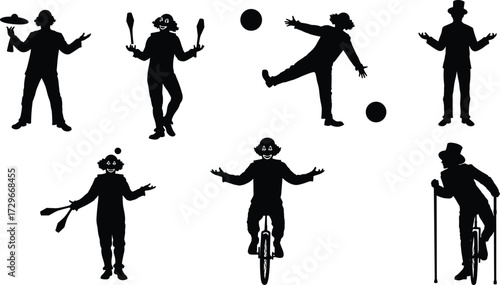 Clown silhouettes performing circus tricks, juggling, unicycle riding, comedy entertainment, playful poses, funny characters, isolated black figures on white background