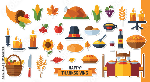 Adobe illustrator artwork vector illustration. A vibrant collection of Thanksgiving flat design stickers featuring traditional holiday food, autumn elements, and celebratory symbols
