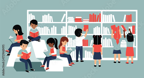 Adobe illustrator artwork vector illustration. A group of diverse children happily read books in a modern library or school, promoting education, literacy, and inclusivity