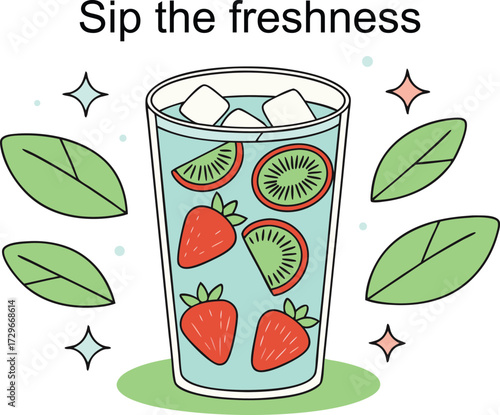 Refreshing fruit cocktail featuring strawberry, kiwi and ice cubes with leaves on transparent background