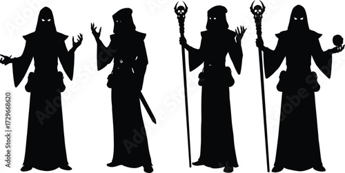 Dark wizard silhouette collection, evil mage with staff, sorcerer holding orb, fantasy magician illustration, occult magic character, spooky dark figure