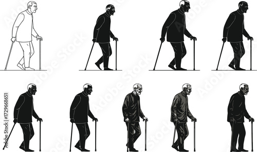 Elderly man walking with cane vector illustration, senior person silhouette, old man support pose, aging figure drawing, black white outline design