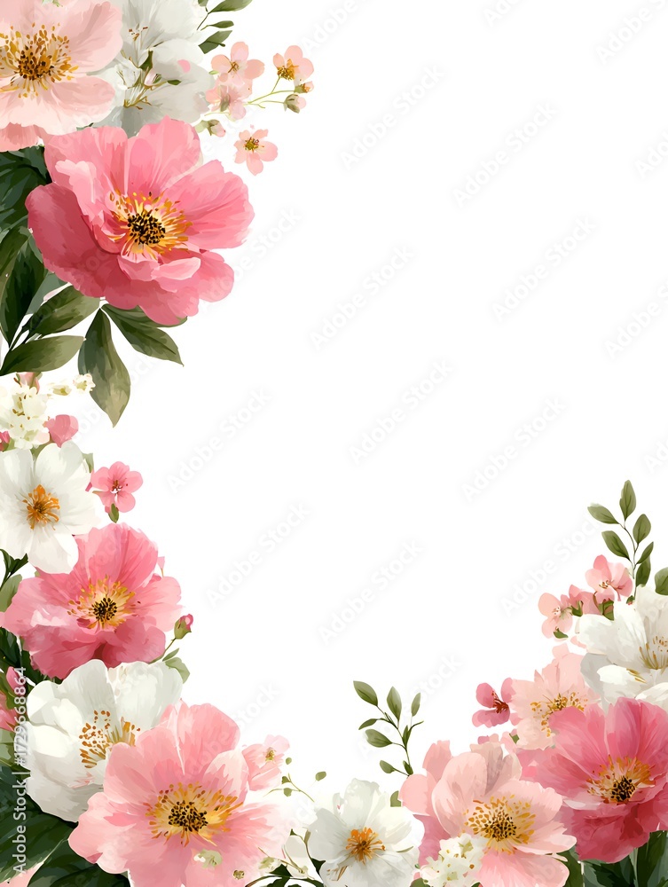 Fototapeta premium Delicate pink and white floral arrangement with watercolor effect creates beautiful natural frame design.