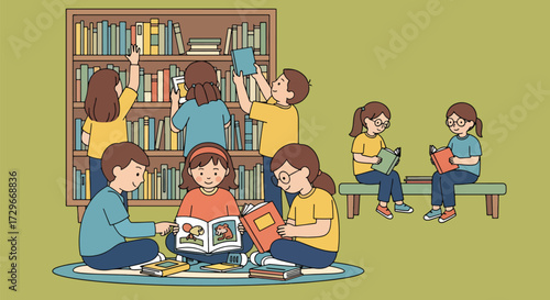 Adobe illustrator artwork vector illustration. A group of diverse children happily read books in a modern library or school, promoting education, literacy, and inclusivity