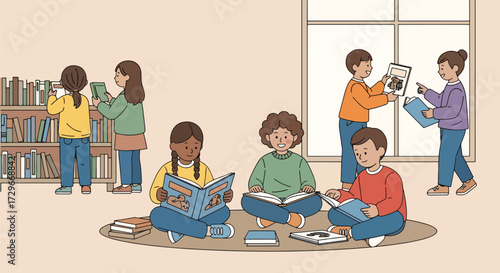 Adobe illustrator artwork vector illustration. A group of diverse children happily read books in a modern library or school, promoting education, literacy, and inclusivity