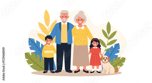 Adobe illustrator artwork vector illustration. Happy grandparents and grandchildren enjoy time together at a playground with their dog, symbolizing family fun and active aging