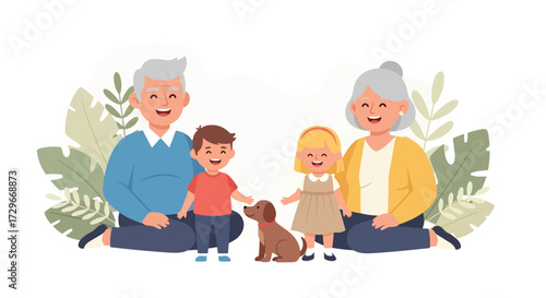 Adobe illustrator artwork vector illustration. Happy grandparents and grandchildren enjoy time together at a playground with their dog, symbolizing family fun and active aging