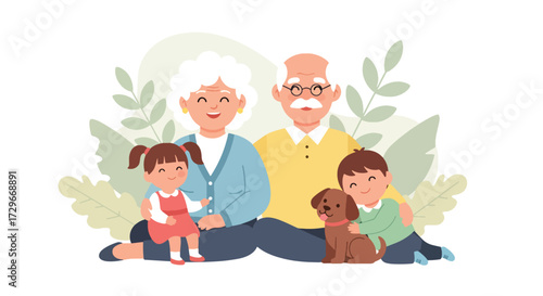 Adobe illustrator artwork vector illustration. Happy grandparents and grandchildren enjoy time together at a playground with their dog, symbolizing family fun and active aging