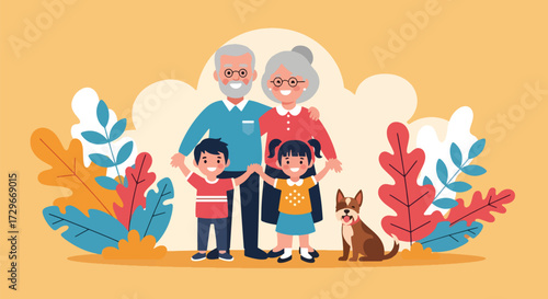 Adobe illustrator artwork vector illustration. Happy grandparents and grandchildren enjoy time together at a playground with their dog, symbolizing family fun and active aging