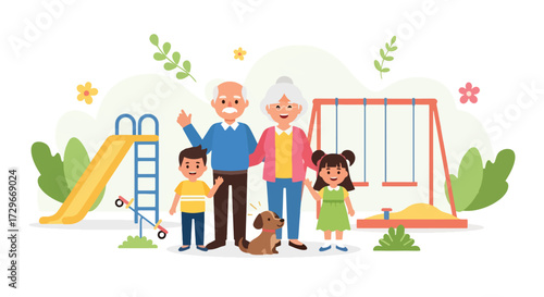 Adobe illustrator artwork vector illustration. Happy grandparents and grandchildren enjoy time together at a playground with their dog, symbolizing family fun and active aging