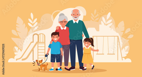 Adobe illustrator artwork vector illustration. Happy grandparents and grandchildren enjoy time together at a playground with their dog, symbolizing family fun and active aging