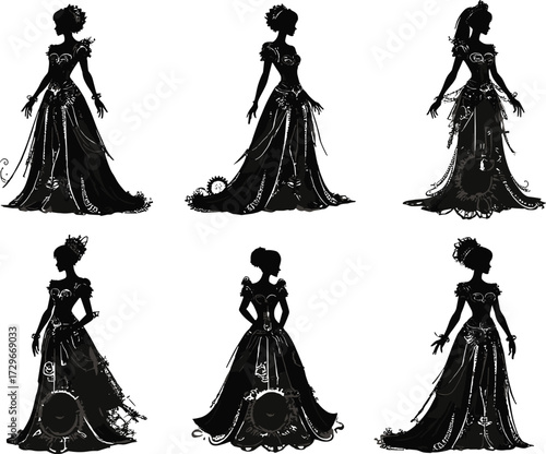 Elegant princess silhouette in royal gown, fantasy dress illustration, vintage fairytale fashion, beautiful queen character artwork, vector decorative design