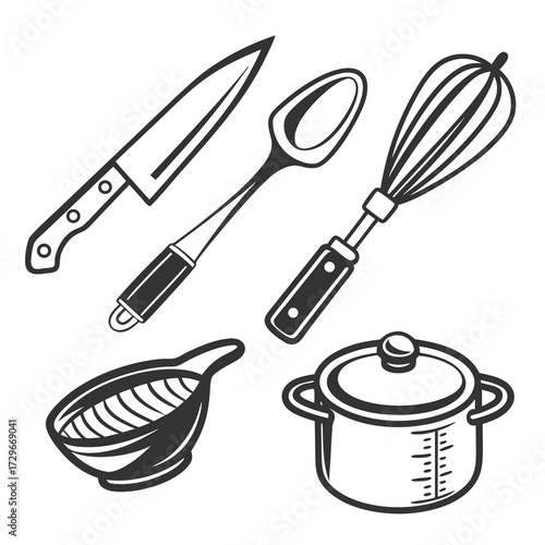 A collection of kitchen utensils, including a knife, spoon, whisk, bowl, and pot, perfect for cooking and baking enthusiasts and culinary adventures