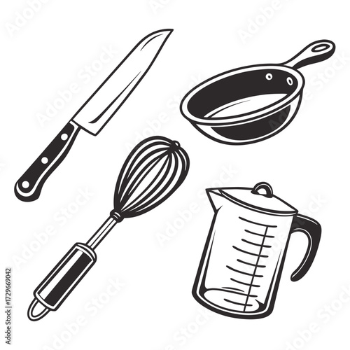 A collection of kitchen tools, including a knife, frying pan, whisk, and measuring cup, perfect for cooking and baking enthusiasts and culinary adventures