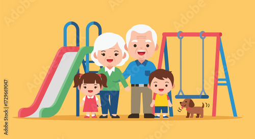 Adobe illustrator artwork vector illustration. Happy grandparents and grandchildren enjoy time together at a playground with their dog, symbolizing family fun and active aging