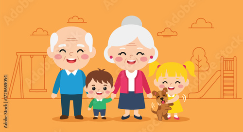 Adobe illustrator artwork vector illustration. Happy grandparents and grandchildren enjoy time together at a playground with their dog, symbolizing family fun and active aging