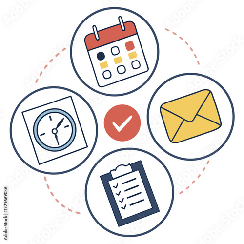 Scheduling tasks and appointments with calendar, clock, clipboard, and email in a circular arrangement, symbolizing organization and time management