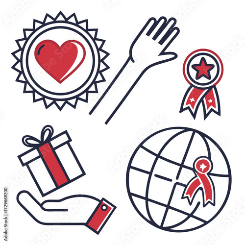 Illustrations depicting charity, volunteerism, and global aid, showcasing hands, hearts, gifts, and globes, symbolizing love, support, and community involvement