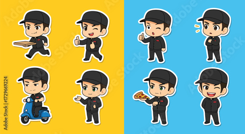 Adobe illustrator artwork vector illustration. A fun sticker set of a pizza delivery man in various poses and expressions, perfect for food service and quick delivery themes