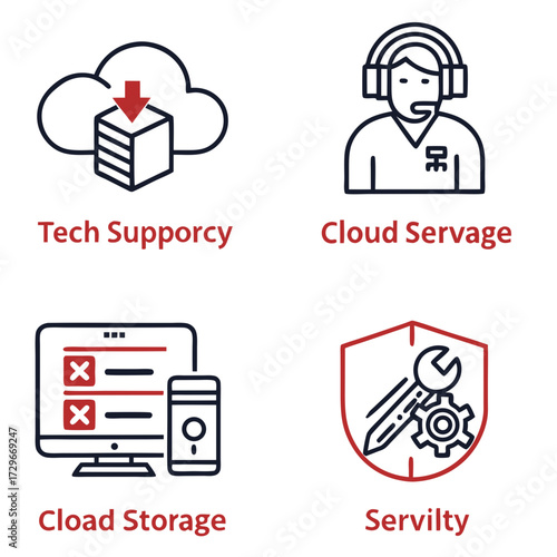 Conceptual icons representing tech support, cloud service, cloud storage, and service quality, each icon is crafted with a modern and minimalist design approach