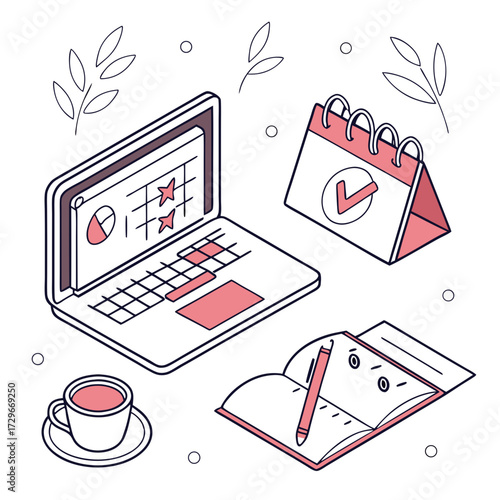 Isometric illustration of a laptop, calendar, notebook, and coffee cup, showcasing time management, planning, and productivity