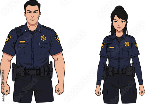 Law enforcement officers, police, uniform, badge, professional stance, gender diversity, authority, public safety, security