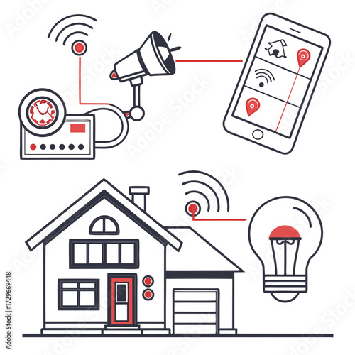 Smart home automation system illustration with connected devices, including a house, smartphone, light bulb, and security system
