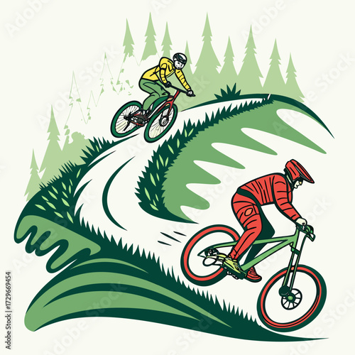 Two mountain bikers riding on a winding trail through a forest, the illustration is in a cartoon style with bold lines