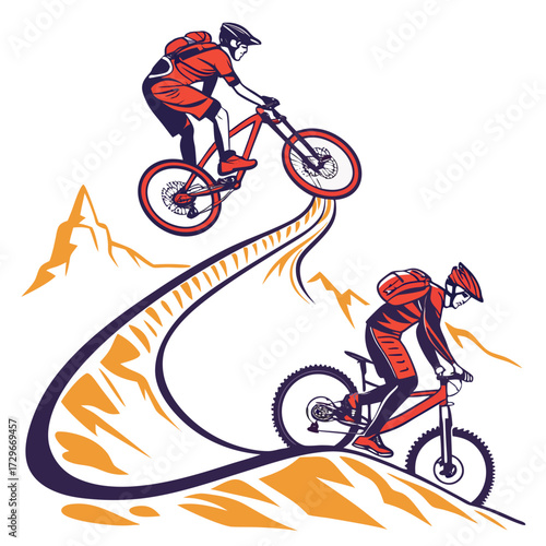 Two mountain bikers riding on a winding trail up and down a mountain, the illustration is in a cartoon style with bold lines
