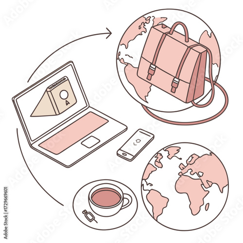 Illustration of a laptop, phone, coffee cup, and bag with globe concept of working remotely and staying connected globally