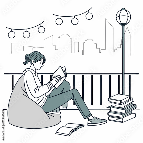 A woman relaxes in a beanbag chair on a balcony with a city skyline, reading a book under string lights, surrounded by stacks of books, creating a peaceful and cozy atmosphere