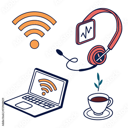 Remote work essentials laptop, headphones, coffee, and wifi signal for seamless online communication and productivity from anywhere in the world
