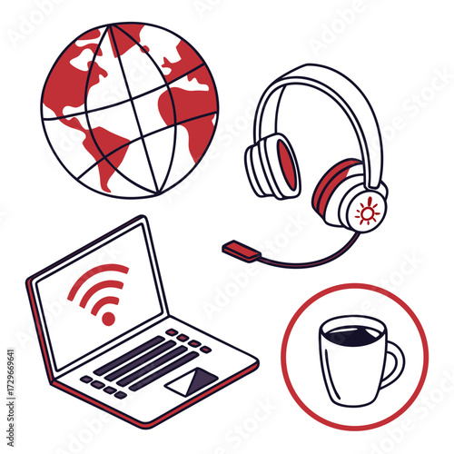 Global remote work setup laptop, headphones, coffee, and globe for seamless online communication and productivity from anywhere in the world