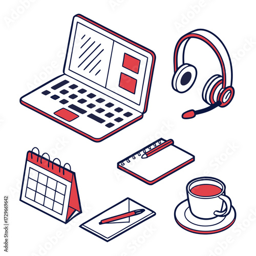 Isometric remote work essentials laptop, headphones, coffee, calendar, and notepad for seamless online communication and productivity from anywhere